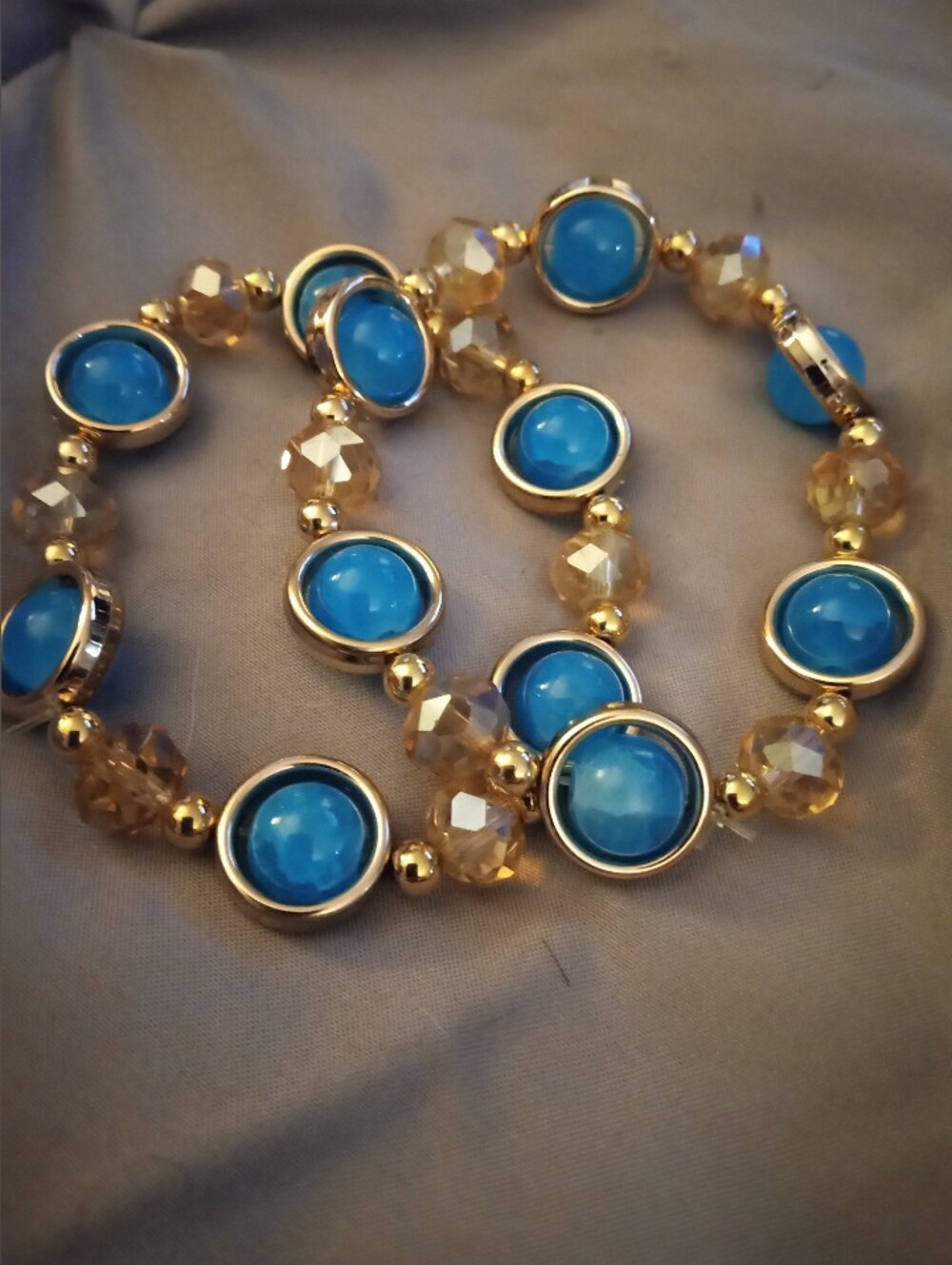 Gold-Tone Bracelet with Turquoise Cabochons and Champagne Beads